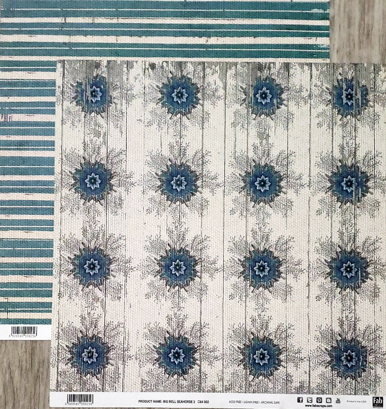 Fab scraps -  double Sided paper 12 x 12  - big bell seahorse 2 flowers and stripes