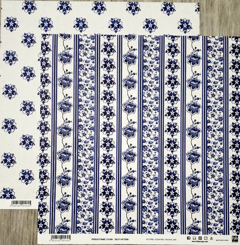 Fab scraps -  double Sided paper 12 x 12  - delft pattern quilt flowers blue and flower stripes