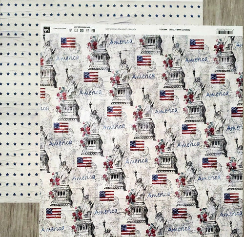 Fab scraps -  double Sided paper 12 x 12 - travel time 2 - United States of America and blue stars
