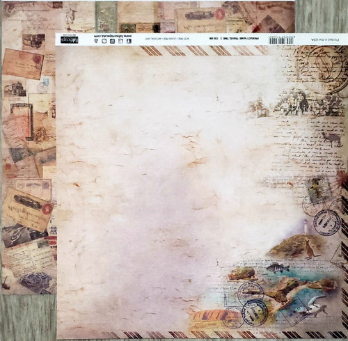 Fab scraps -  double Sided paper 12 x 12 - travel time 2 - travel scene and postcards/ letters