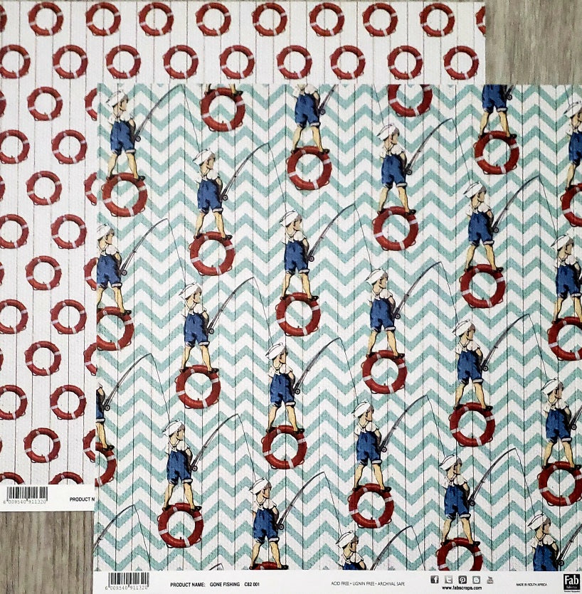 Fab scraps -  double Sided paper 12 x 12 - Gone fishing and lifesaver life ring
