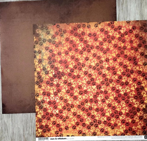 Basic Grey - double sided paper 12 x 12 - Max and Whiskers- tiger paw prints and distressed brown