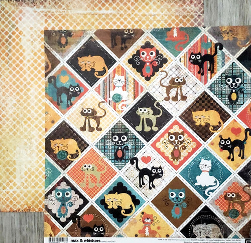Basic Grey - double sided paper 12 x 12 - Max and Whiskers- Sasga cat and orange distressed circles