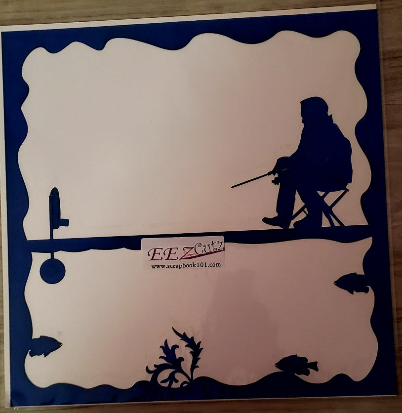 Eez cutz - 12 x 12 scrapbook laser cut page - Ice fishing man blue