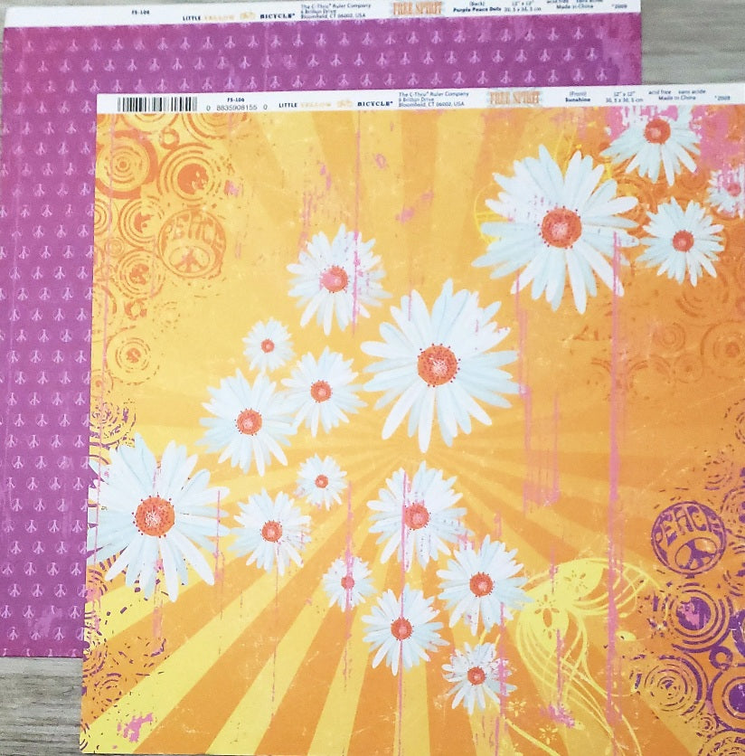 Little yellow bicycle double sided paper 12 x 12 - sunshine / purple peace dots