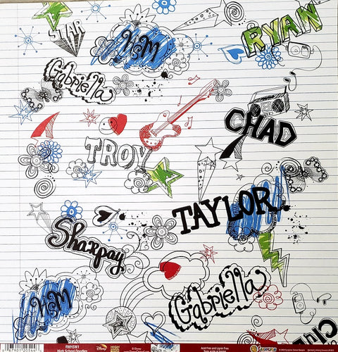 Sandylion  12 x 12 single sided patterned paper - High School Musical doodles