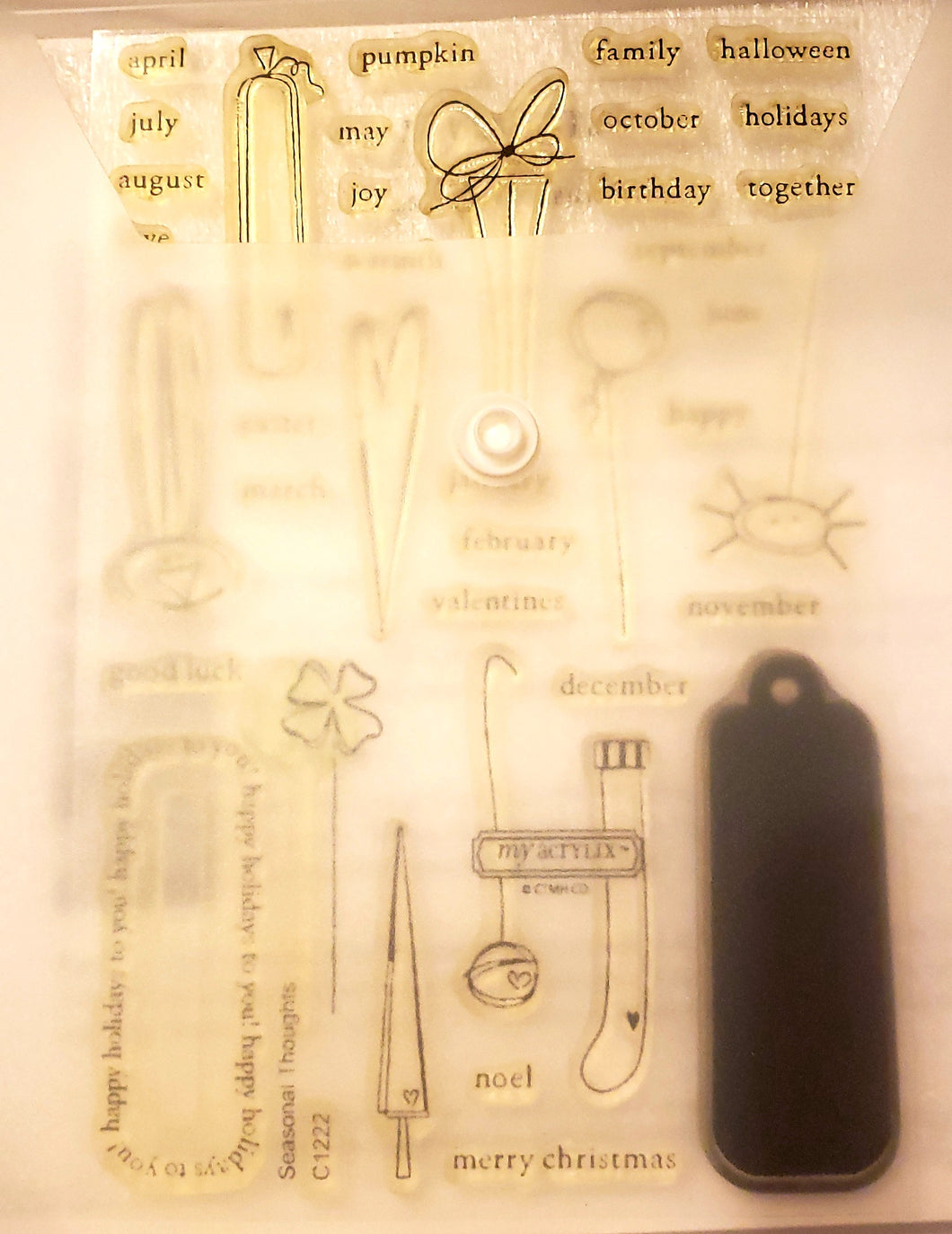 *Crafting for a cause - Close to My heart My Acrylix clear Stamp set in storage pouch - Used -   Seasonal Thoughts