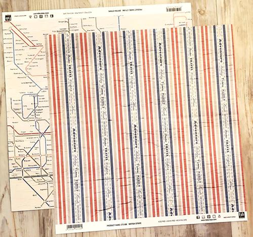 FabScraps Double Sided card stock paper 12 x 12 - British stripe and map Travel