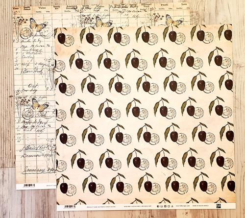 FabScraps Double Sided card stock paper 12 x 12 - Butterfly Script and olive