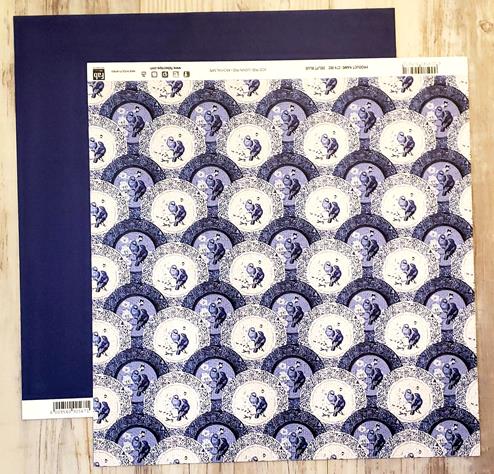 FabScraps Double Sided card stock paper 12 x 12 - Delft Blue Birds and blue burlap fabric print