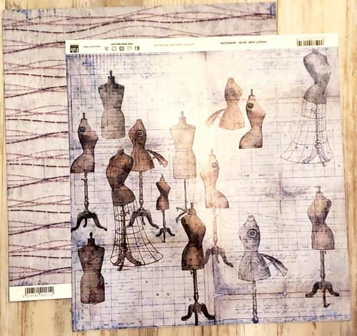 FabScraps Double Sided card stock paper 12 x 12 - Mannequins / Sewing stitch