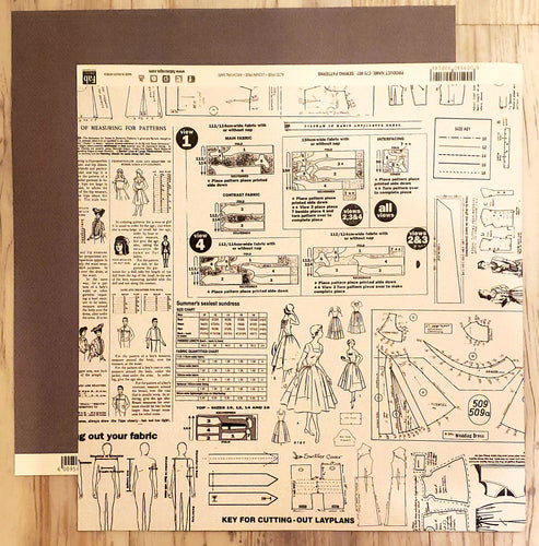 FabScraps Double Sided card stock paper 12 x 12 - Sewing Patterns and grey fabric