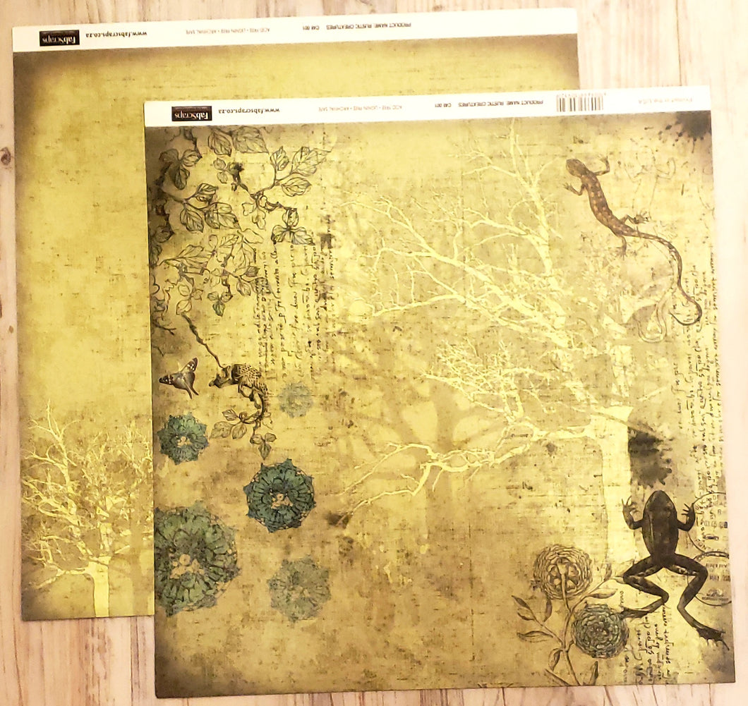 FabScraps Double Sided card stock paper 12 x 12 - Rustic Creatures - Frog / Lizard