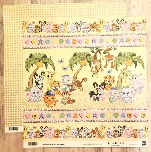 FabScraps Double Sided card stock paper 12 x 12 - Best Friends - Animals