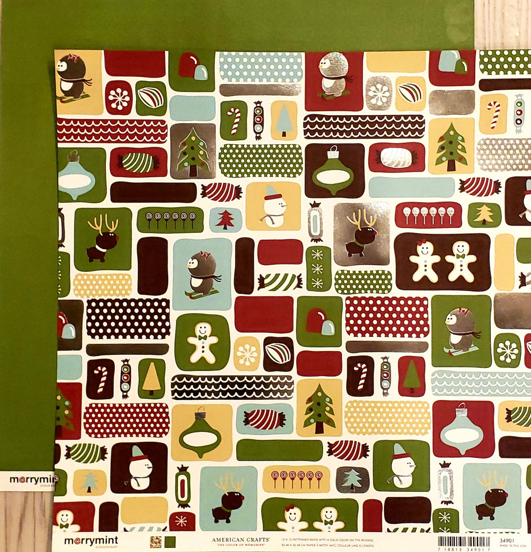 American crafts - double Sided card stock paper 12 x 12 - Merrymint Gingersnap foil - Christmas