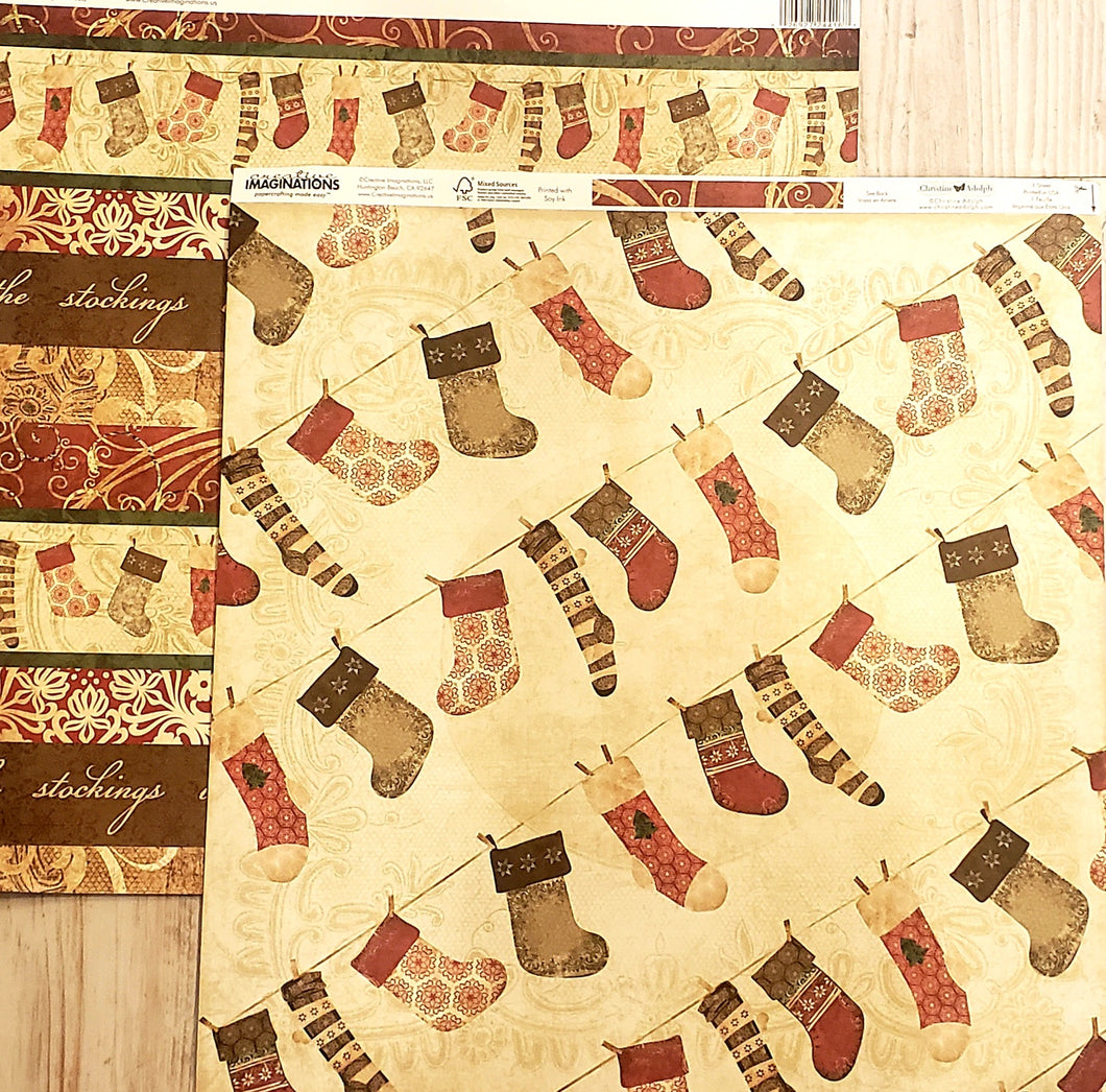 Creative Imaginations Double Sided card stock paper 12 x 12 - The stockings were hung - Christmas