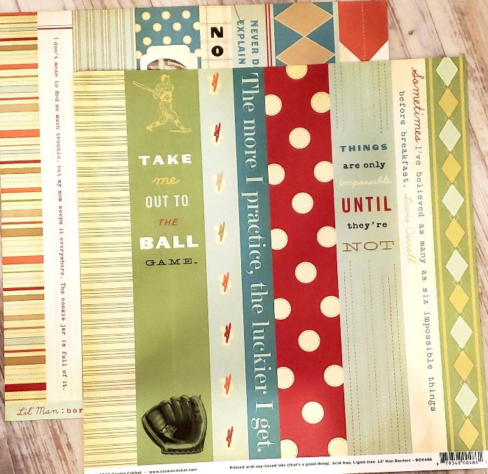 Cosmo Cricket This way for More Trouble sports Lil' Man borders double sided paper 12 x 12