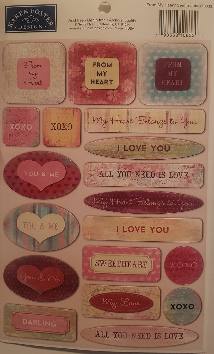 Karen Foster - cardstock sticker sheet - From my Heart sentiments