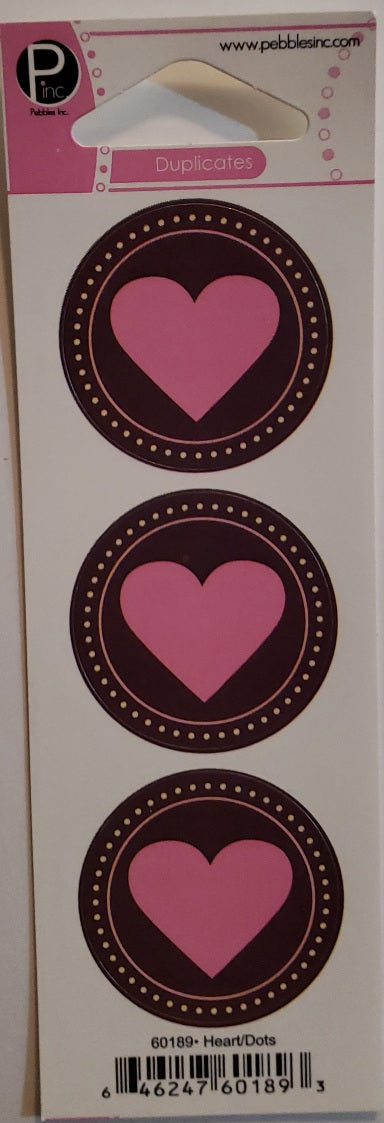 Pebbles inc -  cardstock sticker sheet - pink and brown dot heart round seal