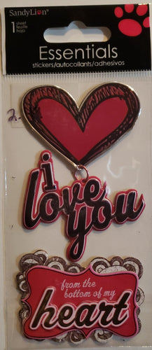Sandylion cardstock dimensional small sticker sheet - I love you words chipboard