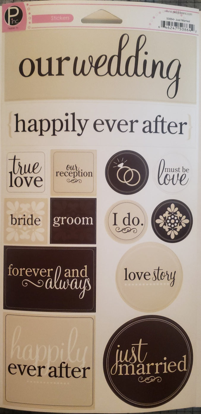 Pebbles inc -  cardstock sticker sheet xlarge - just married words squares and circles