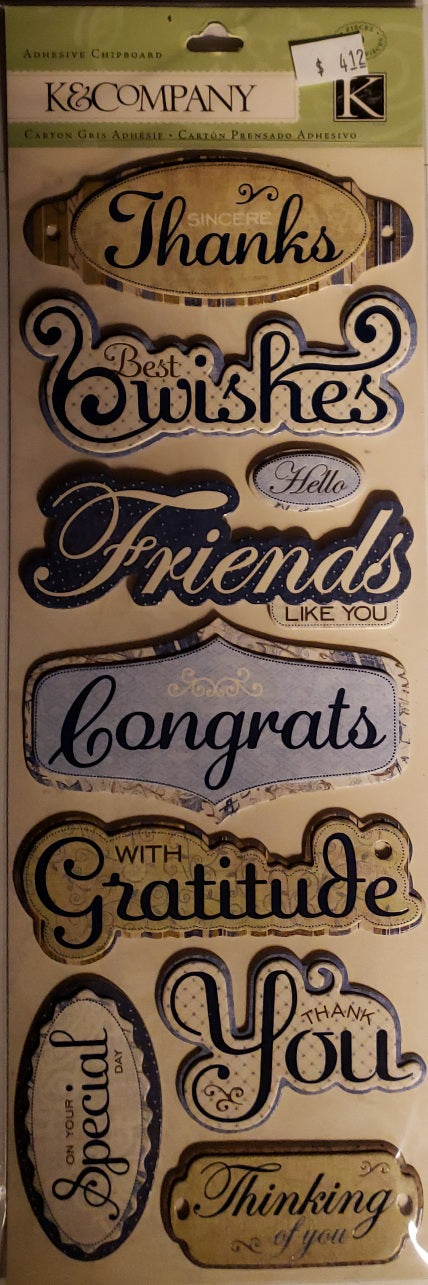 K and company -  chipboard sticker sheet - words greetings