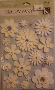 K and company chipboard Dimensional Sticker - white and Ivory glitter flowers  grand adhesions