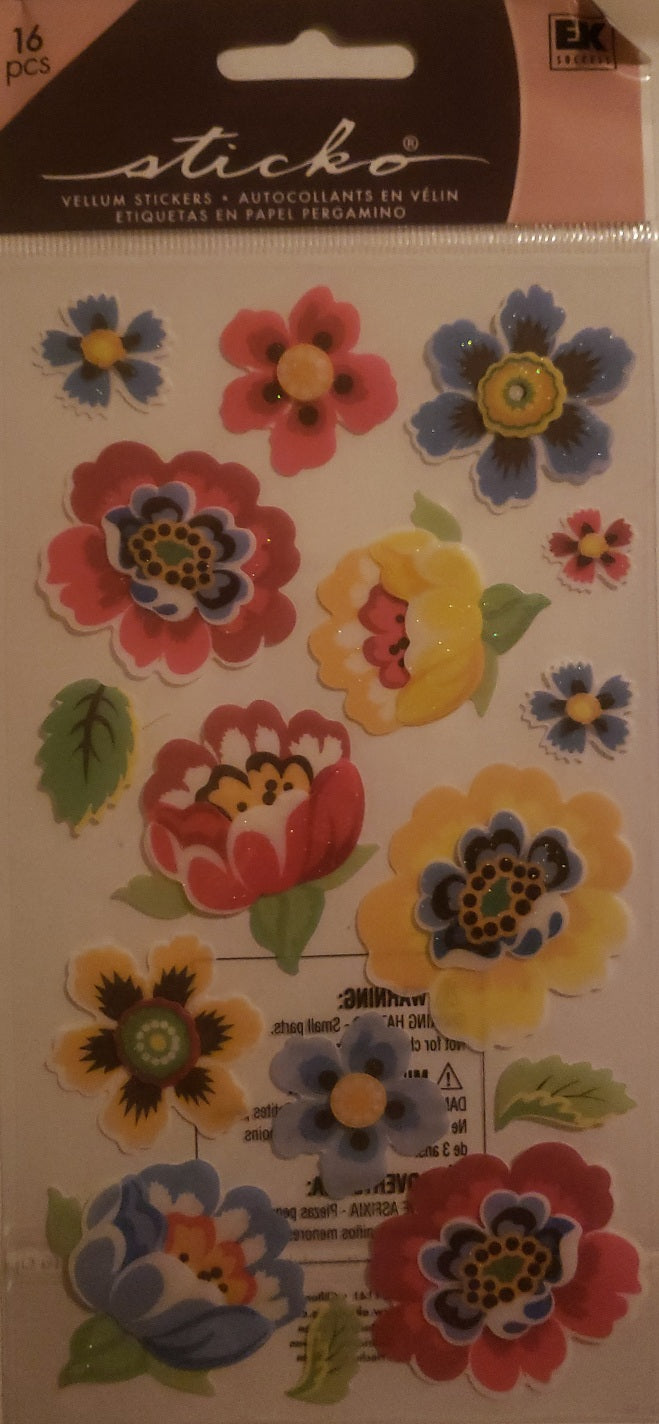 Sticko -  dimensional sticker sheet - spanish wild flowers - vellum glitter