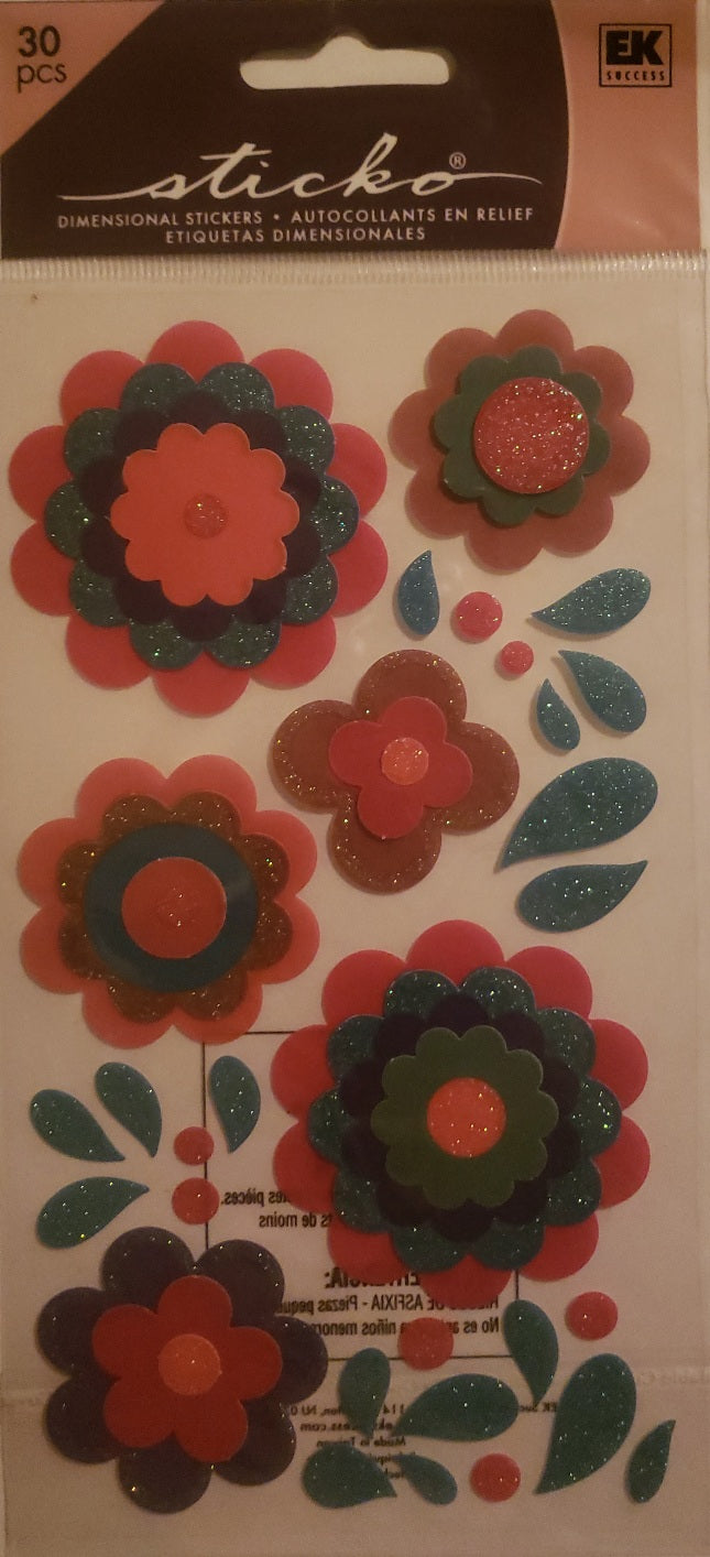Sticko -  dimensional sticker sheet - vellum Cancun flowers glitter