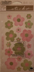 Sticko - flat sticker sheet - green pink glitter flowers