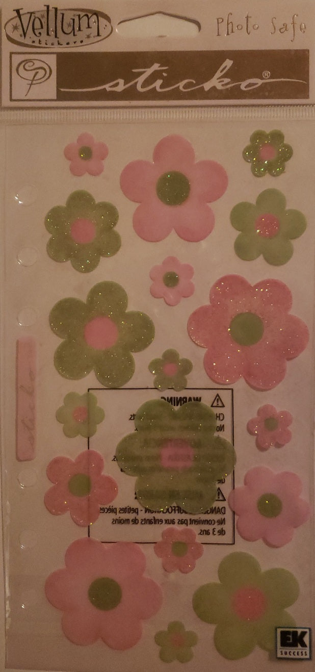 Sticko - flat sticker sheet - green pink glitter flowers