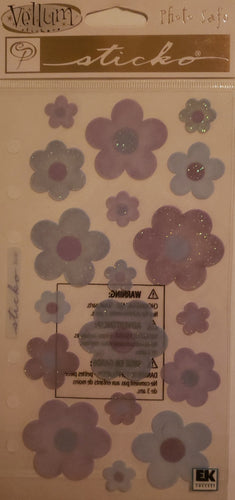 Sticko - flat sticker sheet - blue and purple glitter flowers