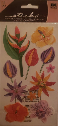 Sticko - flat sticker sheet - tropical flowers glitter