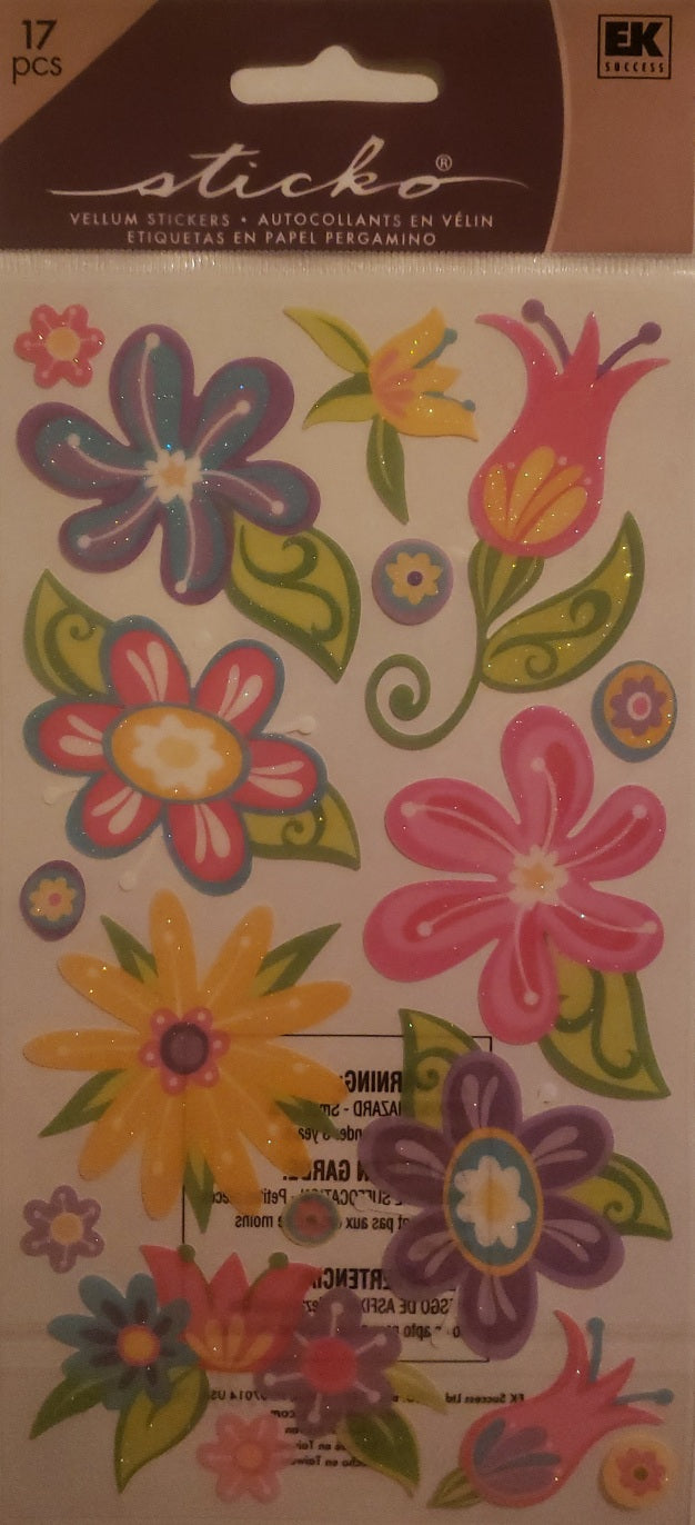 Sticko flat sticker sheet - fanciful flowers glitter