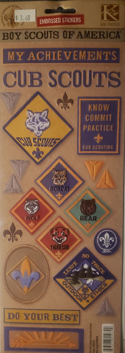 K and company -  x large embossed sticker sheet - boy scout's of America cub scouts images