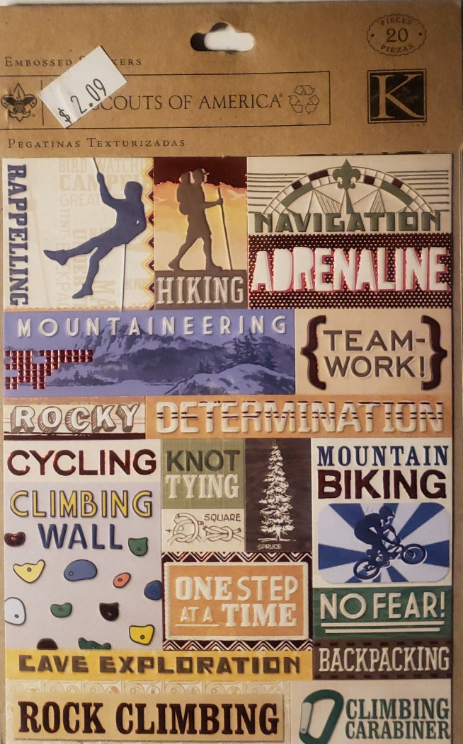 K and company -  embossed stickers - boy scout's of America hiking biking and mountaineering
