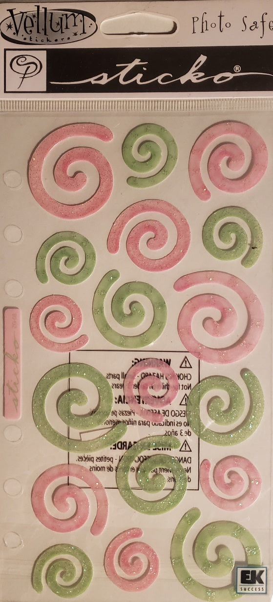 Sticko - flat sticker sheets - green pink glitter swirls