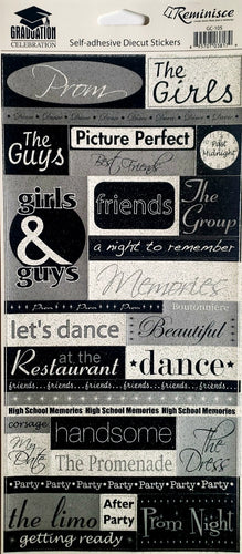 Reminisce -  cardstock sticker -  prom glitter graduation celebration words