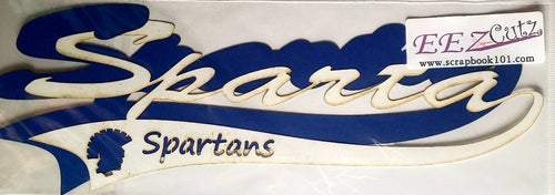 EEz cuts  - laser cut custom school title  - Sparta Spartians white on blue