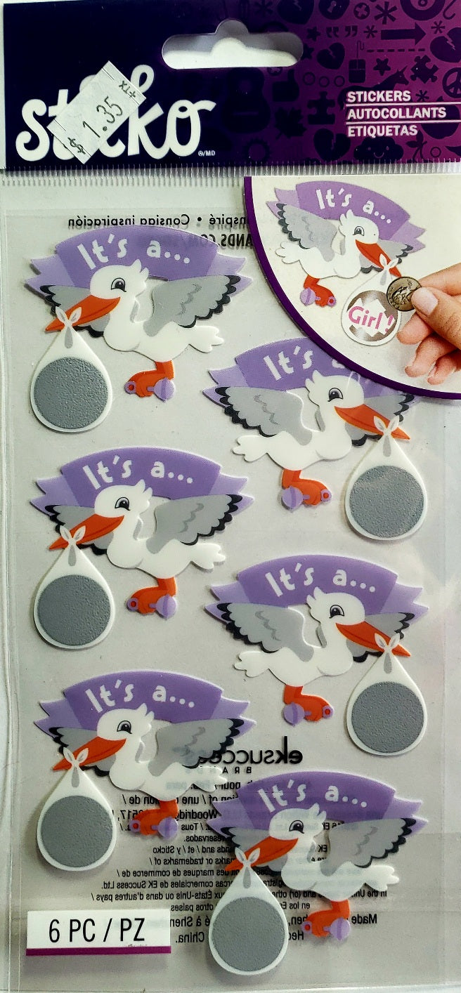 Sticko  - flat sticker sheets - Its a girl scratch off stork