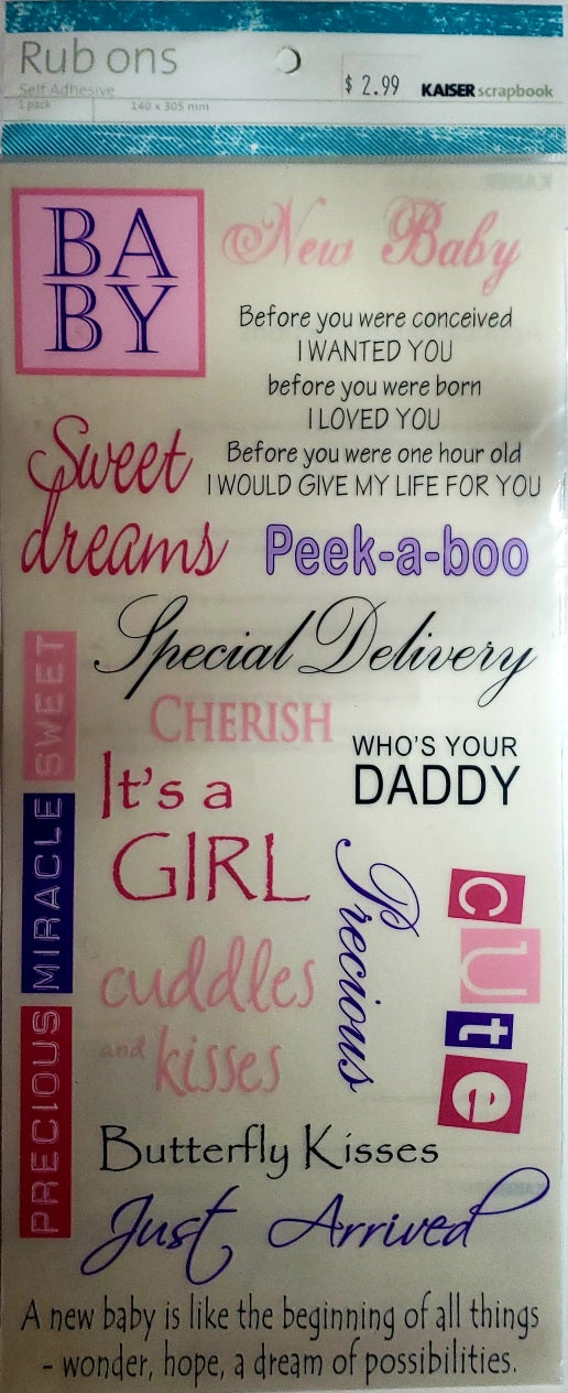 Kaiser crafts rub ons sheet -  baby girl