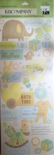 K and company -  x large embossed sticker sheet - butterbeans words and icons embossed