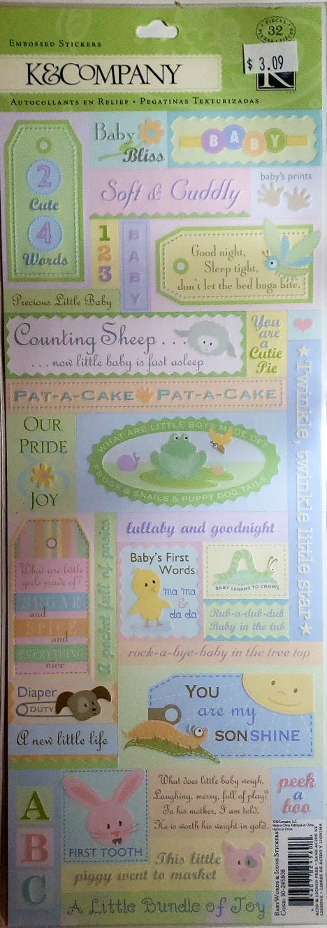 K and company -  x large embossed sticker sheet - baby words and icons embossed