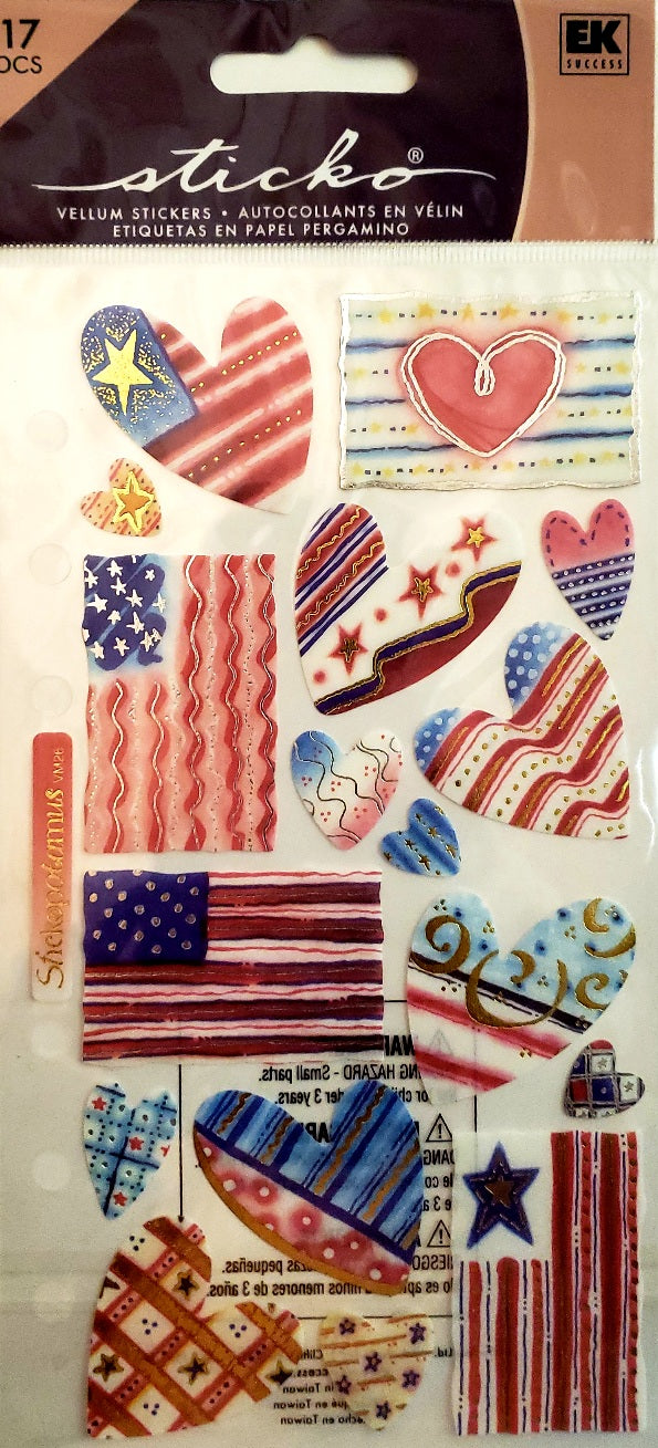 Sticko  - flat sticker sheets - vellum patriotic hearts flags