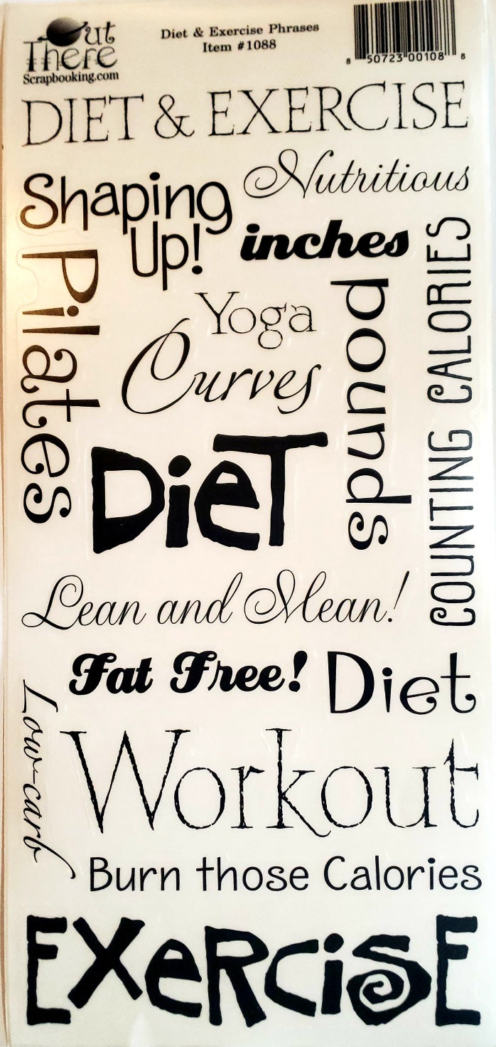 Out there scrapbooking - flat sticker sheet - diet and exercise phrases