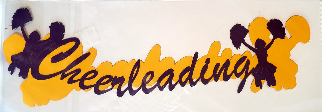 Eez cuts  - laser cut title - cheerleading with shadow purple on gold yellow