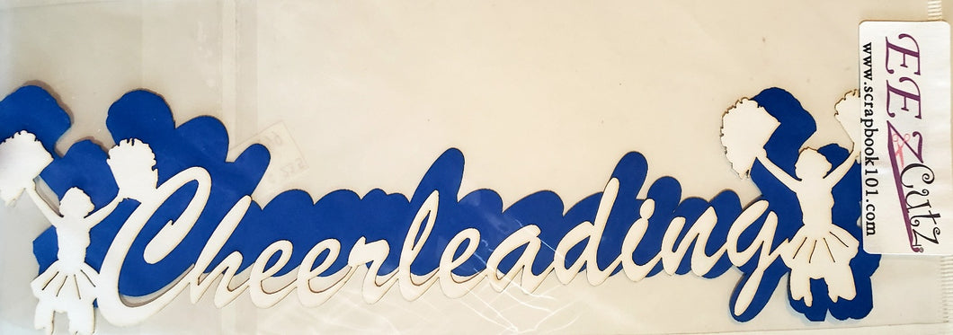 Eez cuts  - laser cut title - cheerleading with shadow white on blue