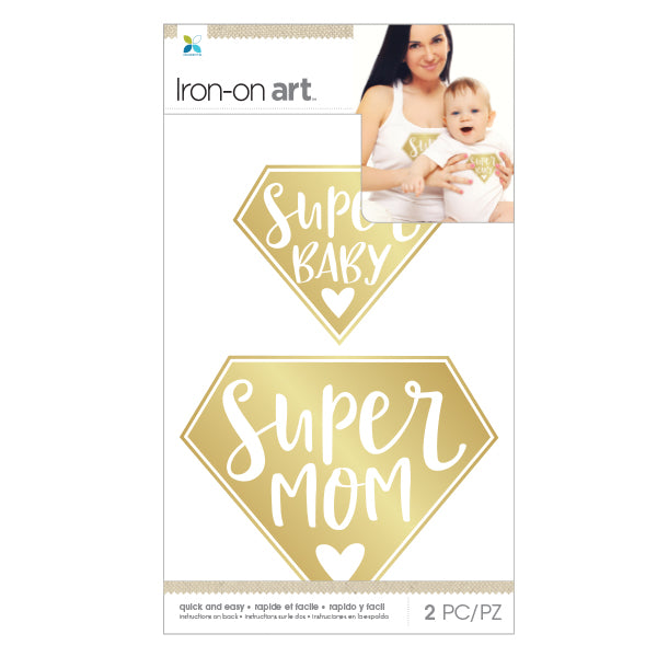 Momenta Metallic Iron-on Art for fabric - Gold Super Mom / Super Baby