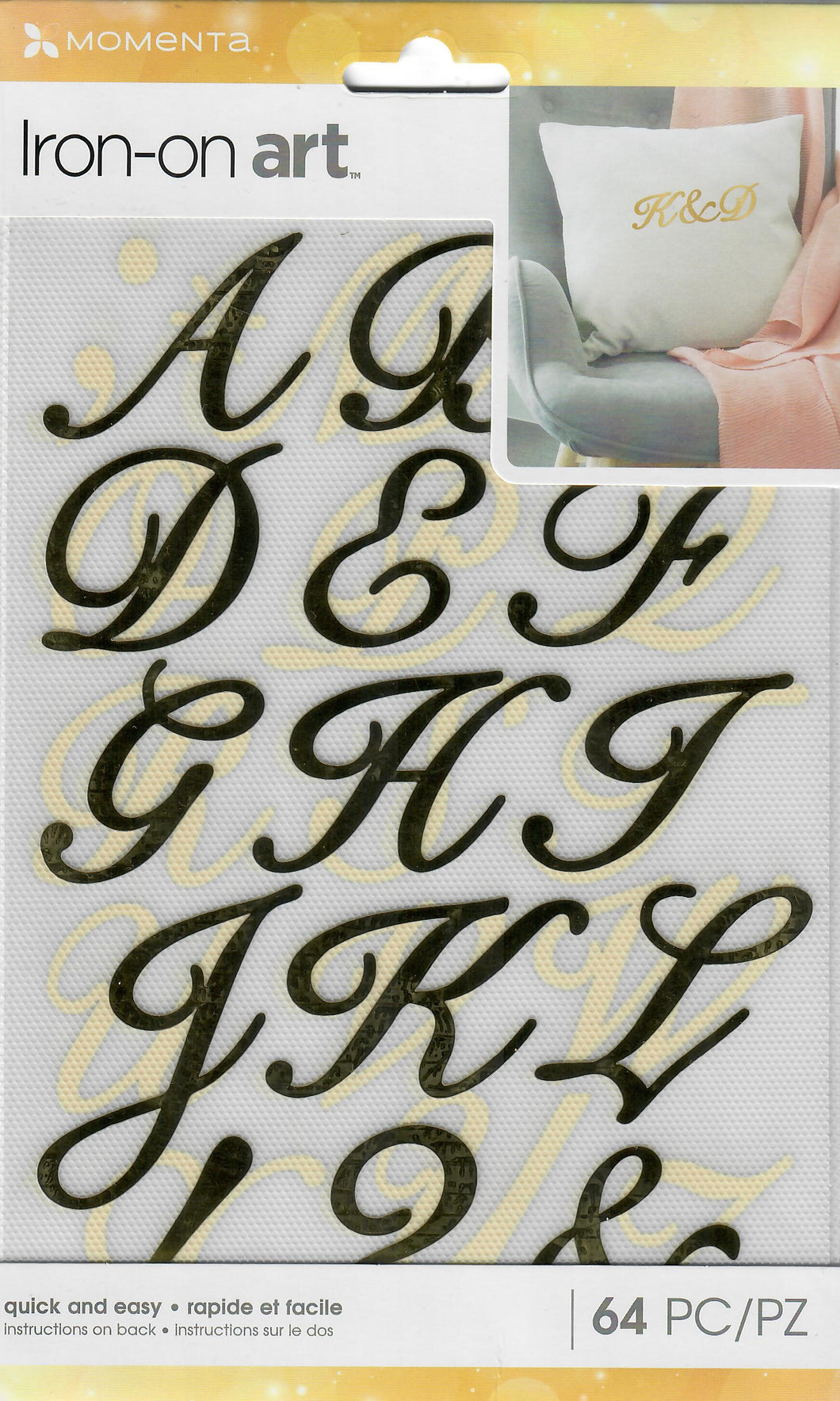 Momenta Large alphabet Iron-on Art for fabric - Foil Gold Script alphabet font 64 pc