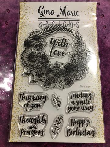 Gina Marie Clear stamp set - FLORAL WREATH WITH INTERCHANGEABLE SENTIMENTS